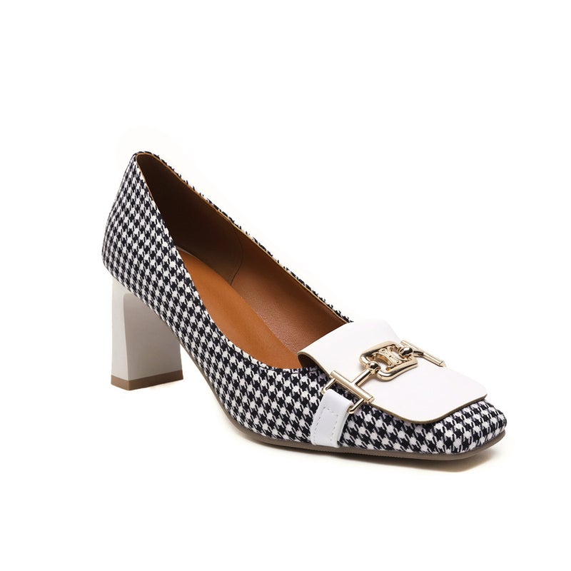 In The Early Spring Of 2021 New Fashion High Heel Square Head Shallow Plaid 40-43 Plus Size Shallow Mouth Single Shoes - Image 3