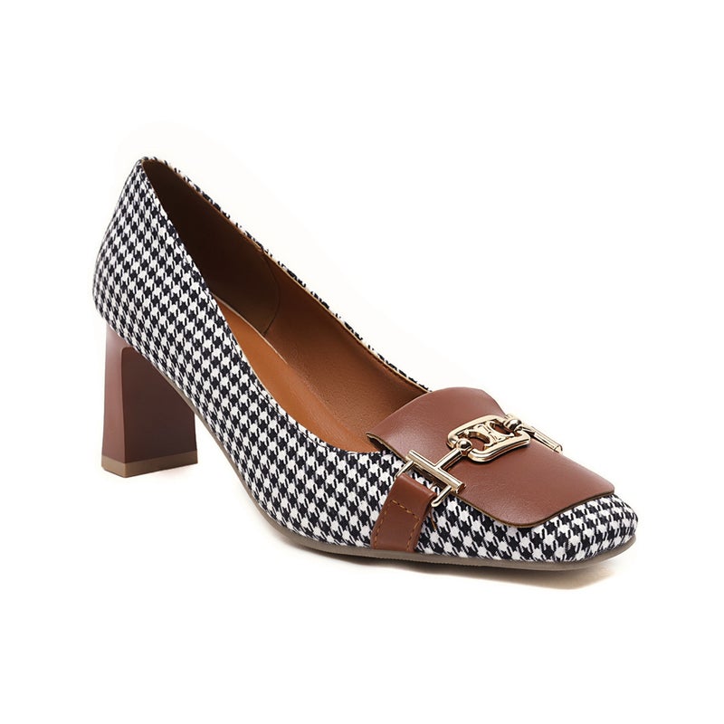 In The Early Spring Of 2021 New Fashion High Heel Square Head Shallow Plaid 40-43 Plus Size Shallow Mouth Single Shoes - Image 2