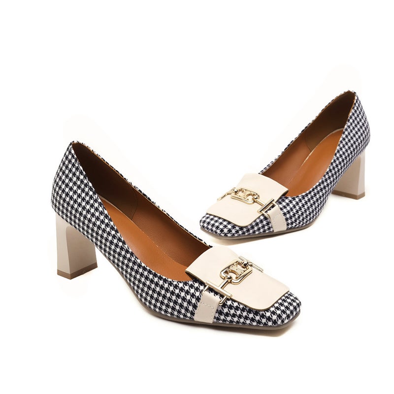 In The Early Spring Of 2021 New Fashion High Heel Square Head Shallow Plaid 40-43 Plus Size Shallow Mouth Single Shoes - Image 1