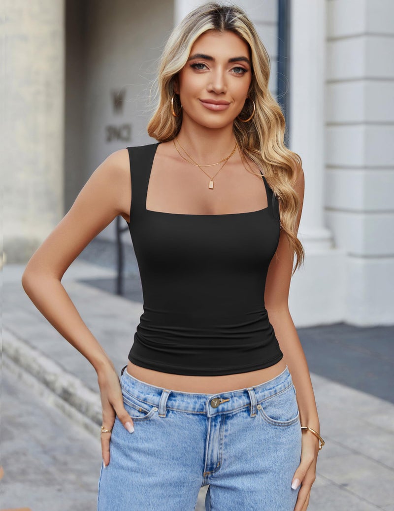 Avidlove Tank Tops for Women Square Neck Black Crop Top Going Out Double Layer Undershirt Summer - Image 3