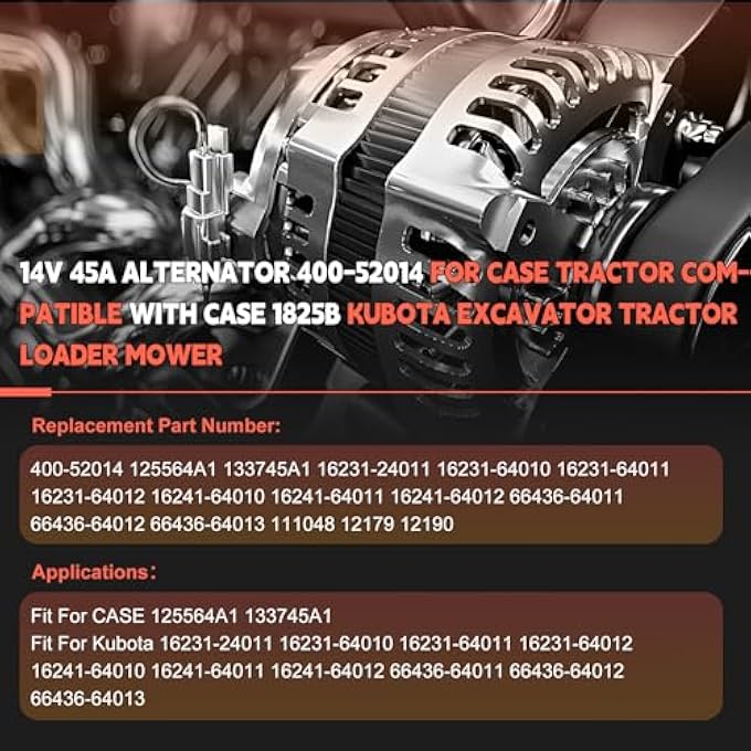 otobaijeni 14V 45A Alternator 400-52014 for Case Tractor Compatible with Case 1825B Kubota Excavator Tractor Loader Mower Replacement Parts - Image 2