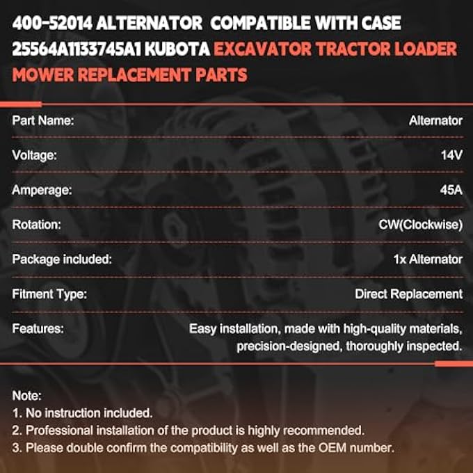 otobaijeni 14V 45A Alternator 400-52014 for Case Tractor Compatible with Case 1825B Kubota Excavator Tractor Loader Mower Replacement Parts - Image 3
