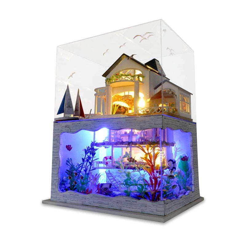 DIY Miniature Dollhouse Kit â1:24 Scale Modern Villa Beachside Bungalow with Furniture LED L Dust Cover âHandmade Craft Gift for Kids Birthday and Home Decor Hawaii Impression - Image 1