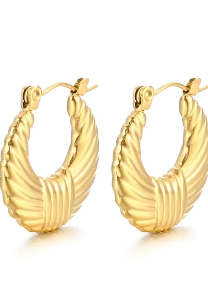 WARD MANIKAN stainless steel Vintage Style Gold-Plated Hoop Earrings, Crescent Shape with Intricate Detailing, for women - Image 1