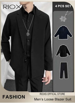 RIOXS Men's 4 Pieces Fashion Loose Blazer Suit, One Buttons Blazer Jacket & Long Straight Blazer Pants & Long Sleeve Black Shirt & Necklace, Suit for Fashion Party or Daily Wear  - Image 2