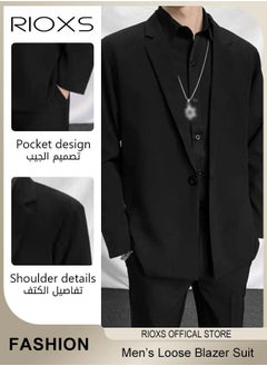 RIOXS Men's 4 Pieces Fashion Loose Blazer Suit, One Buttons Blazer Jacket & Long Straight Blazer Pants & Long Sleeve Black Shirt & Necklace, Suit for Fashion Party or Daily Wear  - Image 3