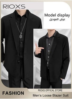 RIOXS Men's 4 Pieces Fashion Loose Blazer Suit, One Buttons Blazer Jacket & Long Straight Blazer Pants & Long Sleeve Black Shirt & Necklace, Suit for Fashion Party or Daily Wear  - Image 5