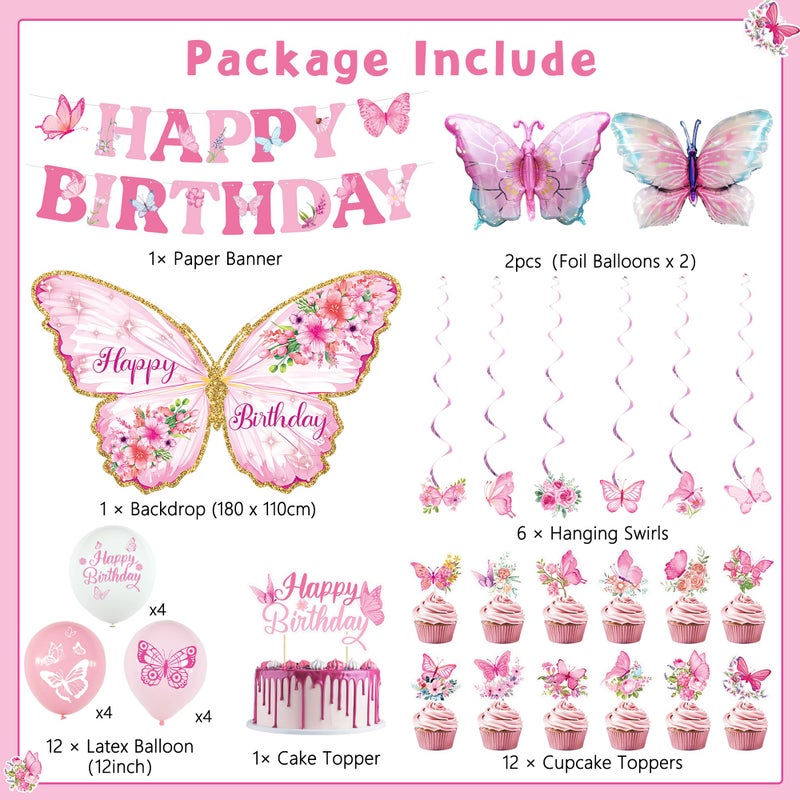 Roetyce Butterfly Birthday Decorations Girls, Pink Happy Birthday Banner Backdrop Balloons Hanging Swirls Cake Topper Kit for Home Party, Women Butterfly Themed Party Suppiles Photo Background - Image 2