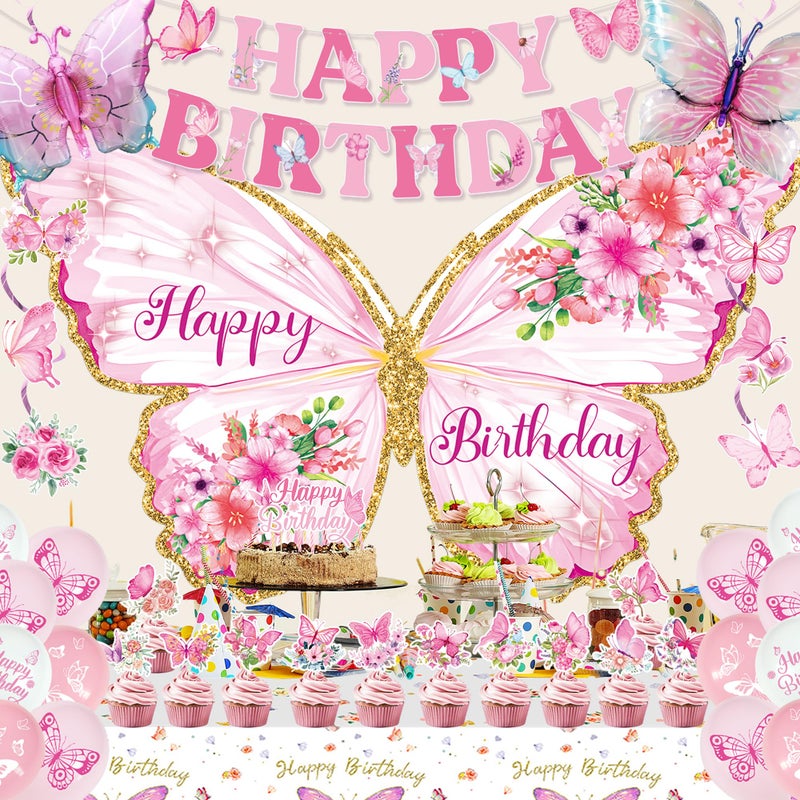 Roetyce Butterfly Birthday Decorations Girls, Pink Happy Birthday Banner Backdrop Balloons Hanging Swirls Cake Topper Kit for Home Party, Women Butterfly Themed Party Suppiles Photo Background - Image 5