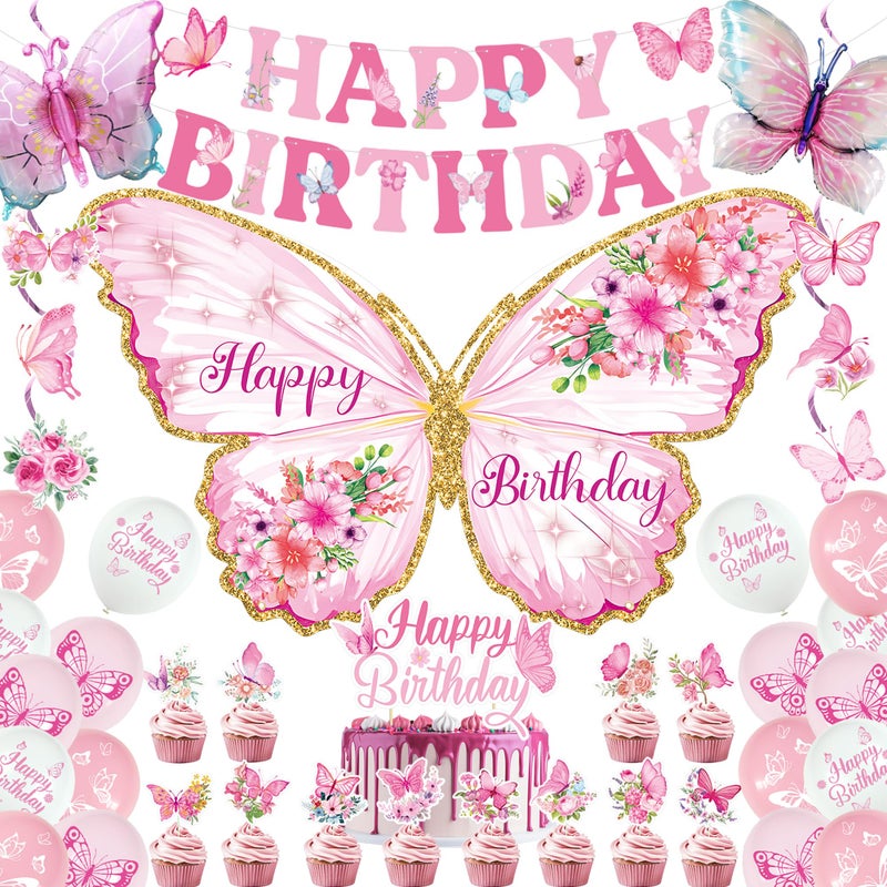 Roetyce Butterfly Birthday Decorations Girls, Pink Happy Birthday Banner Backdrop Balloons Hanging Swirls Cake Topper Kit for Home Party, Women Butterfly Themed Party Suppiles Photo Background - Image 1
