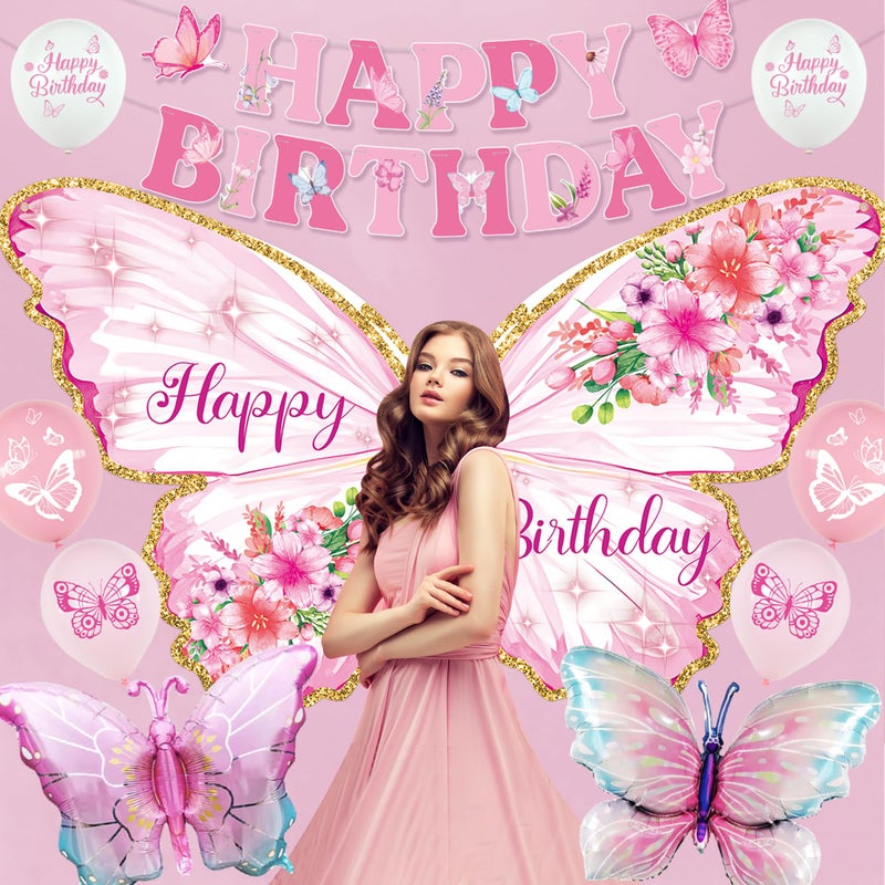 Roetyce Butterfly Birthday Decorations Girls, Pink Happy Birthday Banner Backdrop Balloons Hanging Swirls Cake Topper Kit for Home Party, Women Butterfly Themed Party Suppiles Photo Background - Image 4