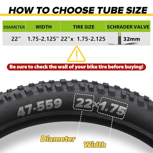 Hydencamm 2 Pack 22 Inch Inner Tube Fit 1.75/1.95/2.125 with 32mm Schrader Valve, 22×1.75/2.125 with 2PCS Levers, 22” Bicycle Inner Tube Compatible with Kids/Road Bikes (2 of One Size) - Image 2