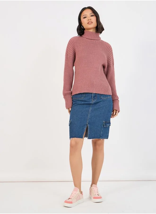 Styli Turtle Neck Knit Top with Turn-Up Cuffed