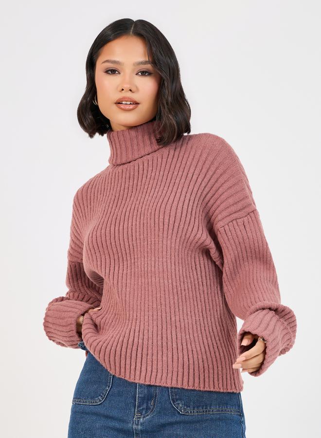Styli Turtle Neck Knit Top with Turn-Up Cuffed  - Image 1