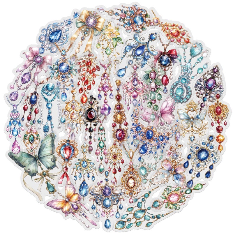 YOKSAS 50-Piece Clear Waterproof Crystal Jewelry Gem Sticker - Vintage Gemstone Necklaces & Earrings, Beautiful Butterfly Decals for Scrapbooking, Art Crafts & Journal Decoration - Image 1