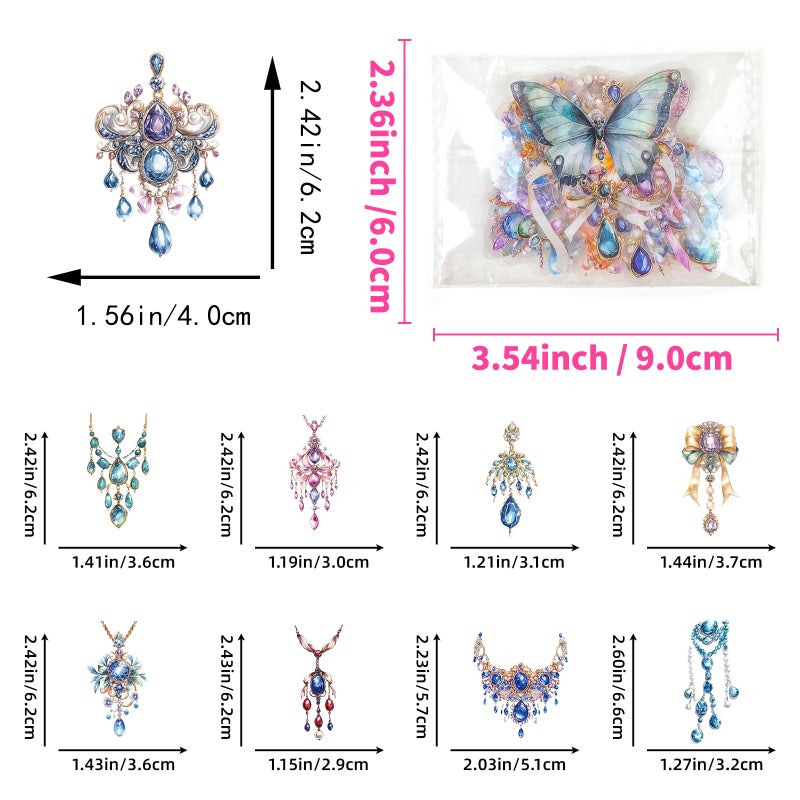 YOKSAS 50-Piece Clear Waterproof Crystal Jewelry Gem Sticker - Vintage Gemstone Necklaces & Earrings, Beautiful Butterfly Decals for Scrapbooking, Art Crafts & Journal Decoration - Image 2