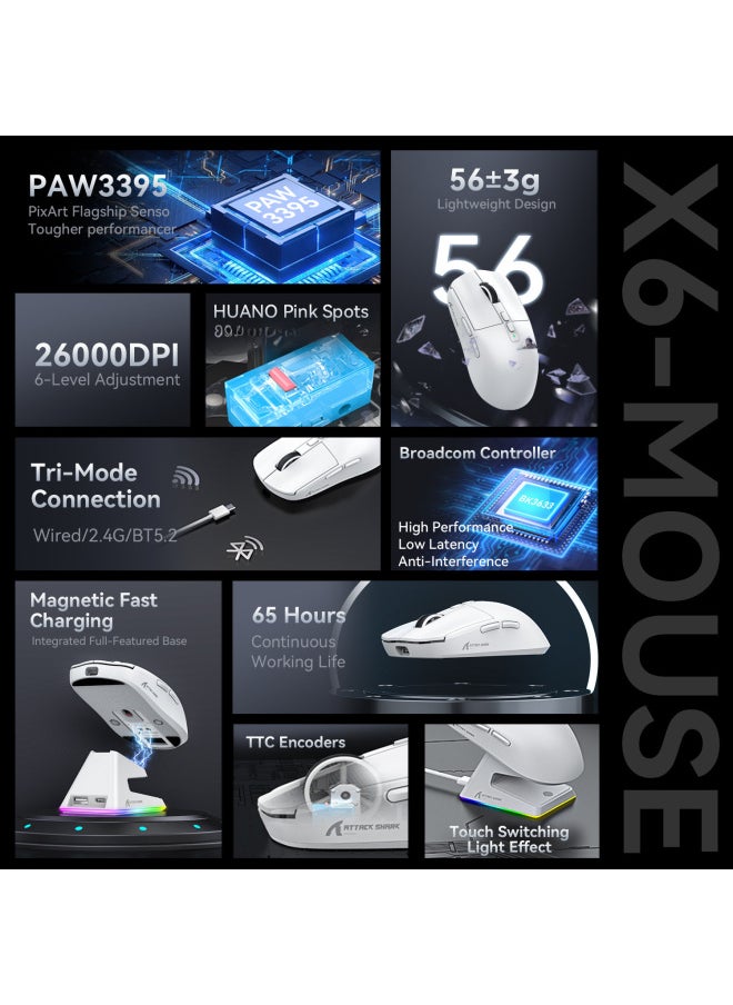 Attack Shark X6 Lightweight Gaming Mouse Wireless Bluetooth Rgb Charging Base Paw3395 Optical Mouse For Esports-Color:Attack Shark X6 Three-mode Mouse White With RGB Charging Stand