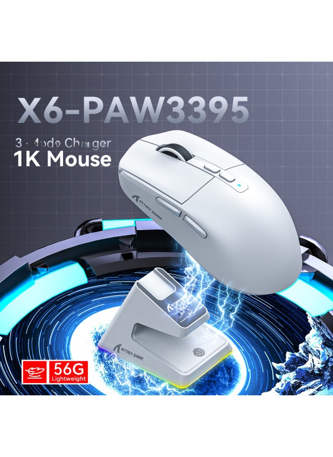 Attack Shark X6 Lightweight Gaming Mouse Wireless Bluetooth Rgb Charging Base Paw3395 Optical Mouse For Esports-Color:Attack Shark X6 Three-mode Mouse White With RGB Charging Stand