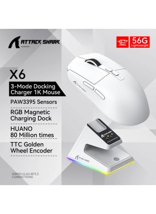 Attack Shark X6 Lightweight Gaming Mouse Wireless Bluetooth Rgb Charging Base Paw3395 Optical Mouse For Esports-Color:Attack Shark X6 Three-mode Mouse White With RGB Charging Stand - pzsku/Z24E8B2018E301BD771DBZ/45/_/1742368095/2806033a-2cd3-4e48-8bb0-d0fc57305174