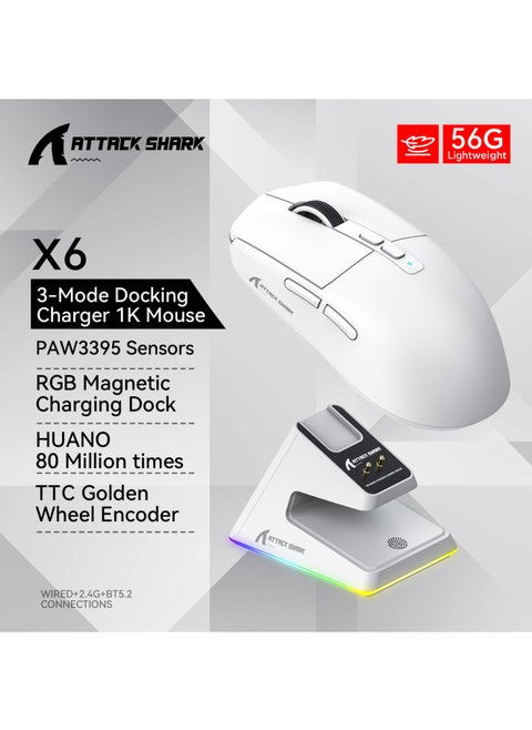 Attack Shark X6 Lightweight Gaming Mouse Wireless Bluetooth Rgb Charging Base Paw3395 Optical Mouse For Esports-Color:Attack Shark X6 Three-mode Mouse White With RGB Charging Stand