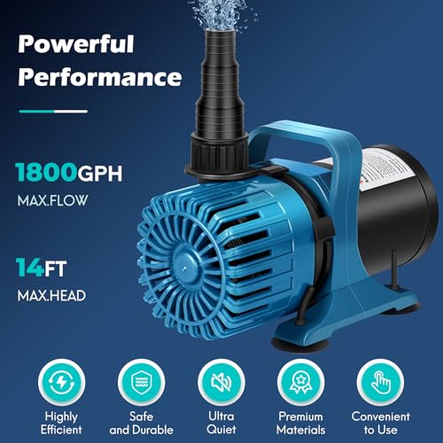 TONGCHANT 100W 1800 GPH Pond Pump for outdoor Ponds and Water Garden, Ultra-Quiet Fountain Pump with 180° Adjustable Outlet, 20FT Cord & Barrier Bag, Waterfall Pump, UL Listed - Image 2