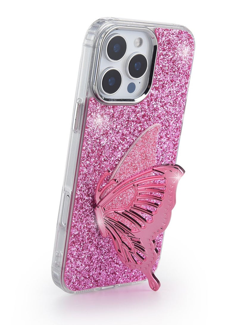 JSJM iPhone 15 Pro Case Butterfly Bucket Zora TPU Acrylic Leather Phone Case with Stand for iPhone 15 Pro Pink - Image 2