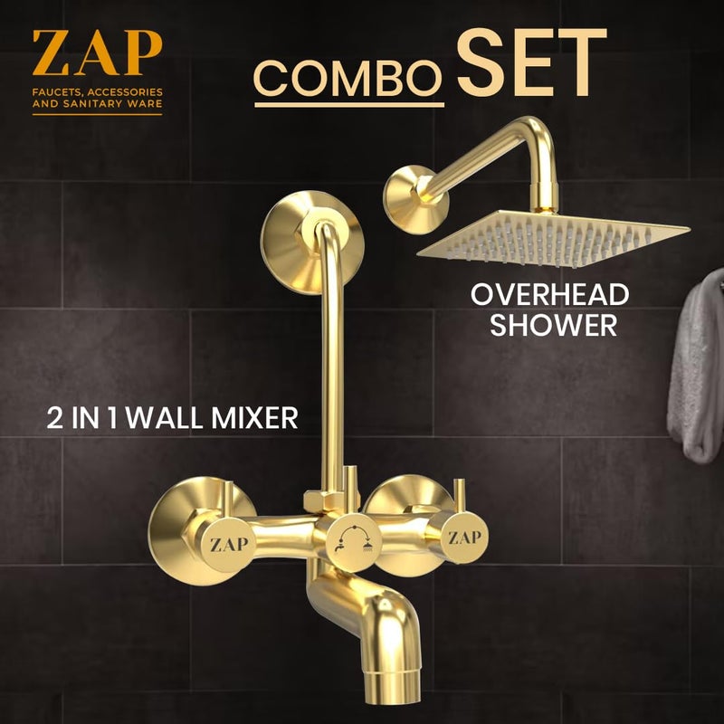 ZAP خلاط حائط من سلسلة إليكسير جولد من النحاس 2 في 1 مع مجموعة دش علوي، أنبوب انحناء بطول 125 مم، مقابض ساخنة وباردة، تشطيب كروم، ومنظف صنبور - Image 2