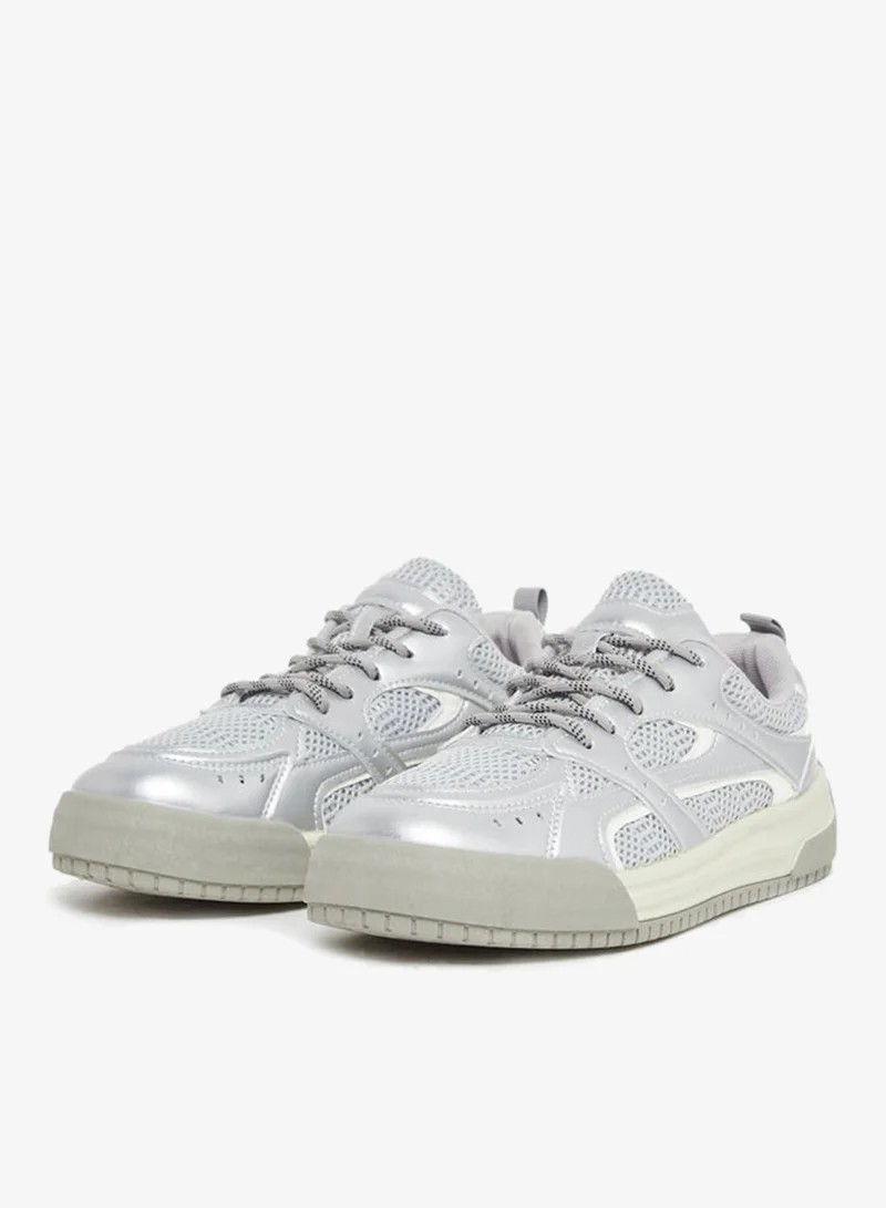Styli Active Silver Metallic Panelled Lace Up Sneakers for Women | Best Price UAE