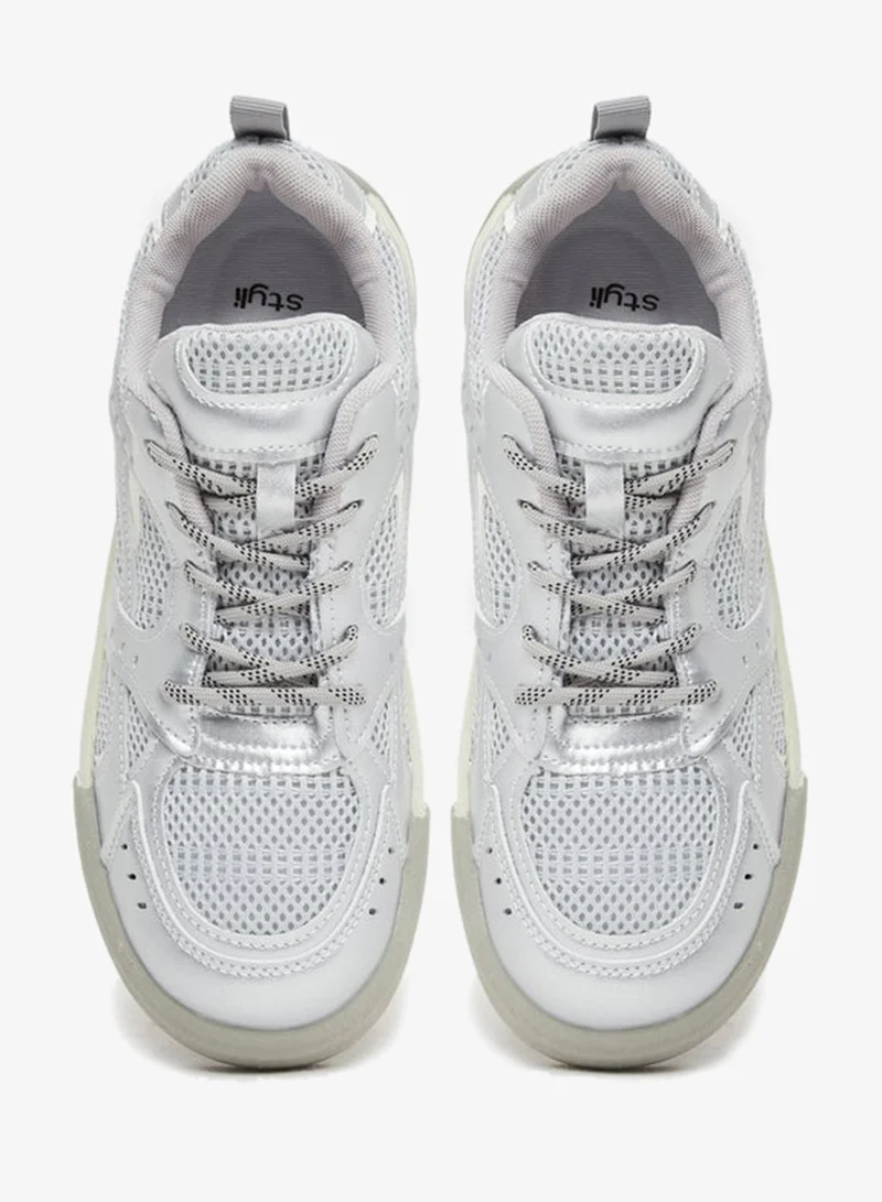 Styli Active Silver Metallic Panelled Lace Up Sneakers for Women | Best Price UAE
