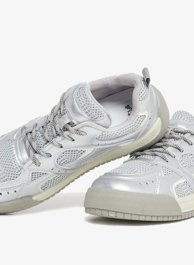 Styli Active Silver Metallic Panelled Lace Up Sneakers for Women | Best Price UAE