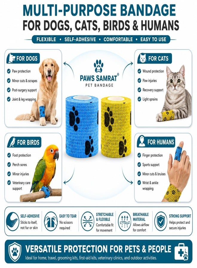 PAWS SAMRAT ضمادة لاصقة ذاتية من باوز سامرات للحيوانات الأليفة، مناسبة للكلاب والقطط والخيول | شريط لاصق بيطري لحماية الكفوف، والعناية بالجروح، ودعم الأرجل | ضمادة إسعافات أولية مرنة غير منسوجة | متعددة الألوان، عبوة من 4 قطع - Image 5