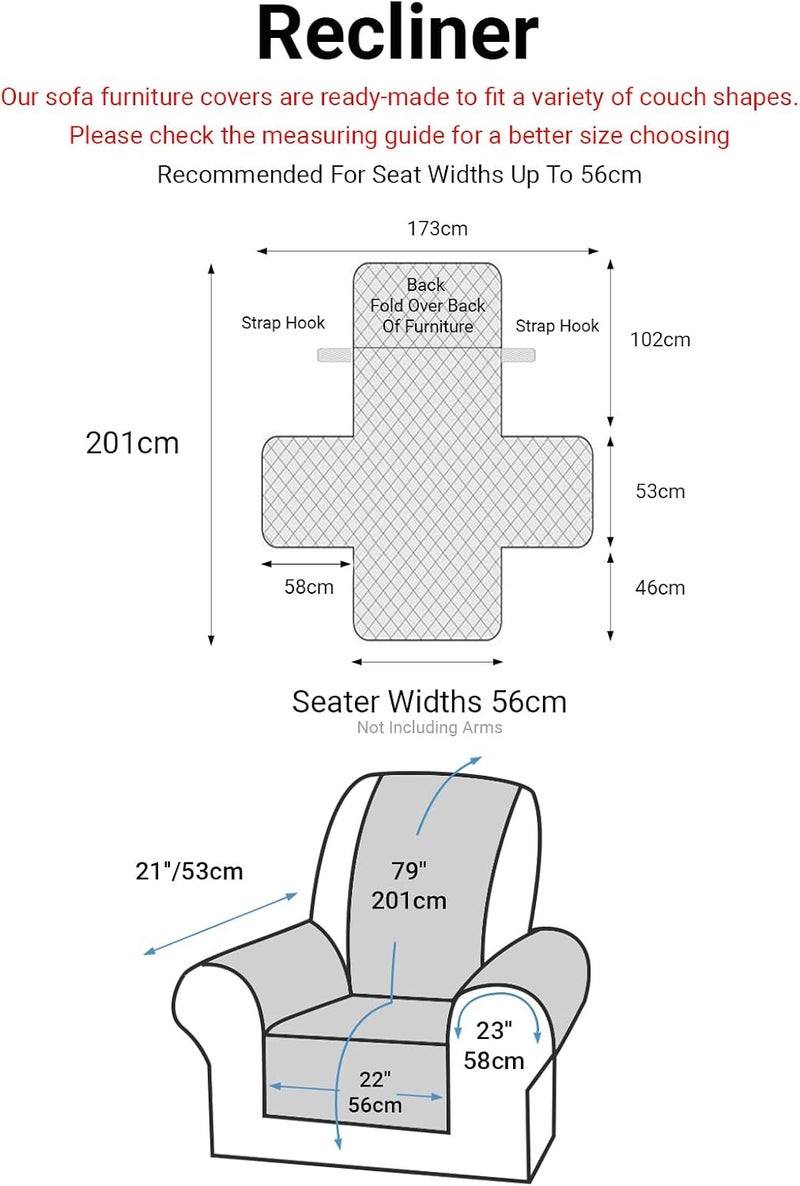 Sofa Covers Waterproof Couch Cover Non-Slip Quilted Sofa Slipcover for Dogs Furniture Protector Cover for Pets with Adjustable Strap Washable (White, Recliner Chair) - Image 3