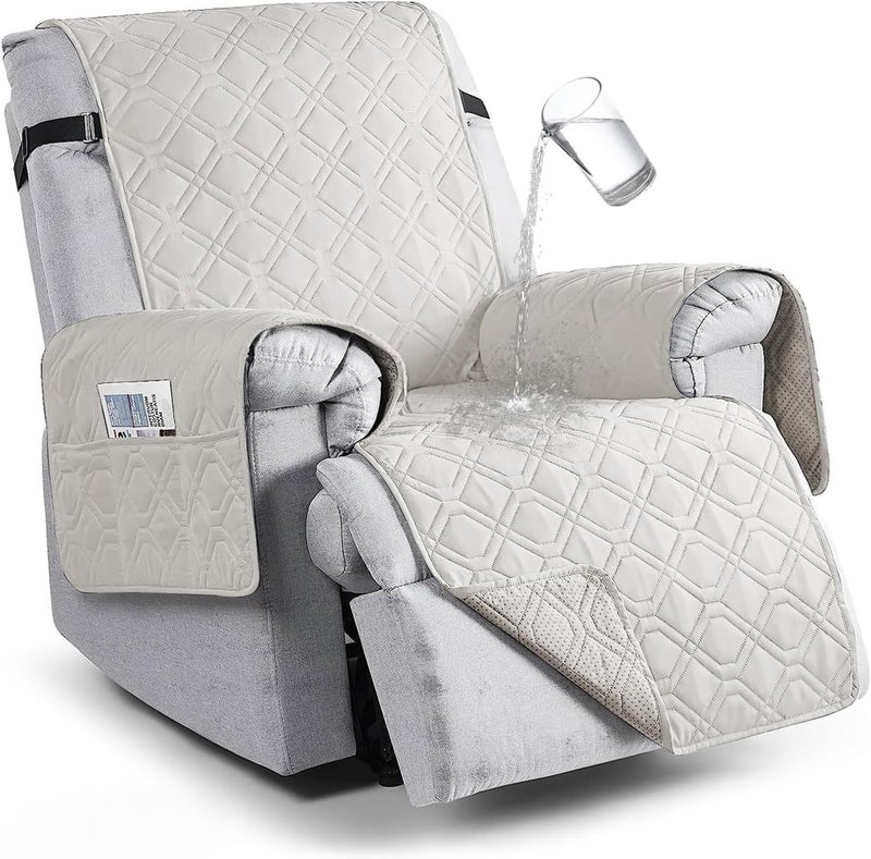 Sofa Covers Waterproof Couch Cover Non-Slip Quilted Sofa Slipcover for Dogs Furniture Protector Cover for Pets with Adjustable Strap Washable (White, Recliner Chair) - Image 1