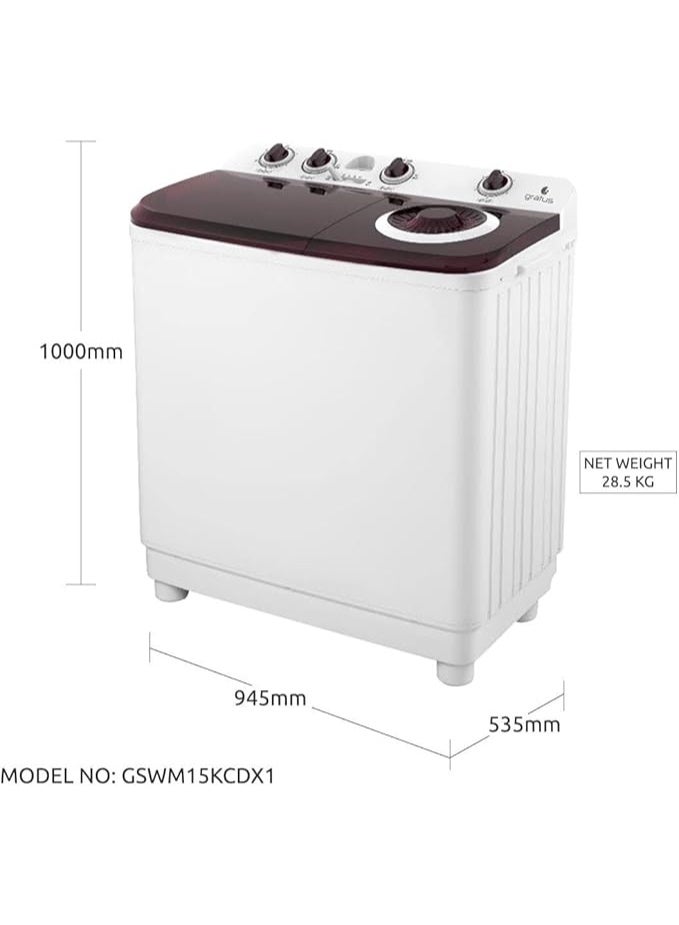 gratus 15 KG Top-Load Semi-Automatic Washing Machine | White | Lint Filter & Spin-Dry | Model GSWM15KCDX1 - Image 2