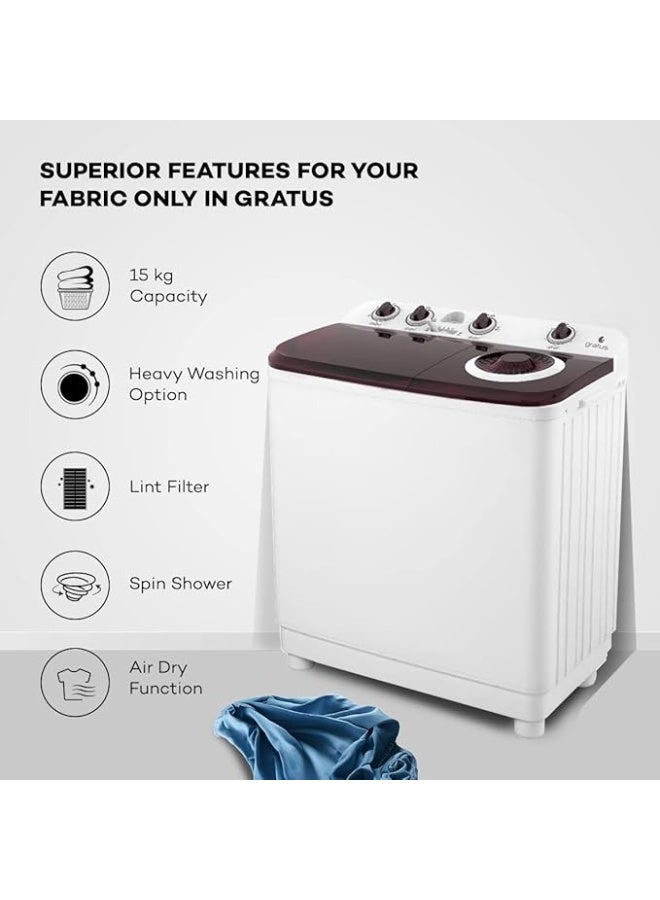 gratus 15 KG Top-Load Semi-Automatic Washing Machine | White | Lint Filter & Spin-Dry | Model GSWM15KCDX1 - Image 3