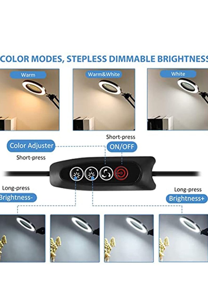 Magnifying Desk Lamp, 8 Diopter, 5X Real Glass Lens, 3 Color Modes, Stepless Dimmable, Adjustable Swivel Arm with Clamp, LED Magnifier Light and Stand for Crafts, Reading, Close Work