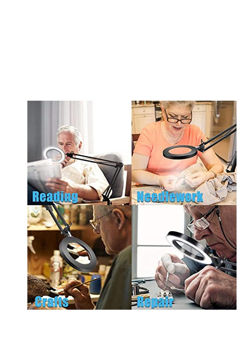 Magnifying Desk Lamp, 8 Diopter, 5X Real Glass Lens, 3 Color Modes, Stepless Dimmable, Adjustable Swivel Arm with Clamp, LED Magnifier Light and Stand for Crafts, Reading, Close Work