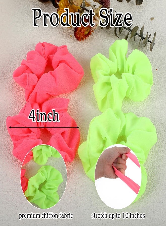 Grevosea 4 Pcs Neon Scrunchies for Hair 80s 90s Accessories Elastic Hair Ties Green Scrunchies for Women Girls Party Outfits and Workout Costumes Hair Bands - Image 2