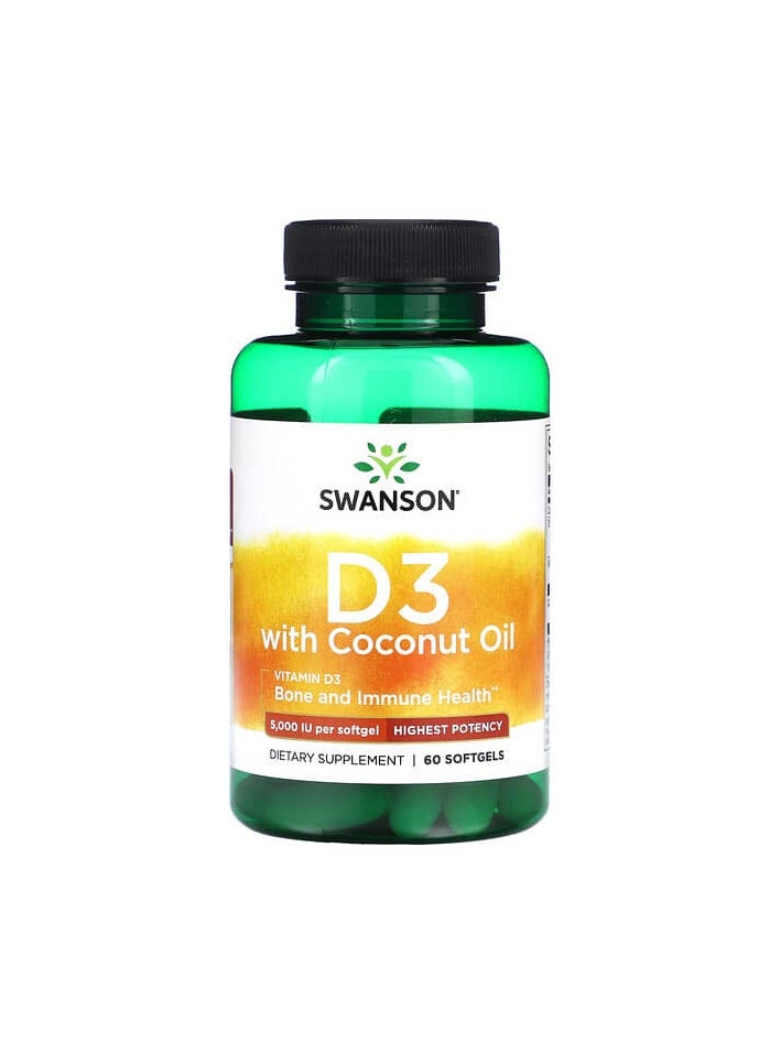 SWANSON D3 with Coconut Oil, Highest Potency, 5,000 IU, 60 Softgels