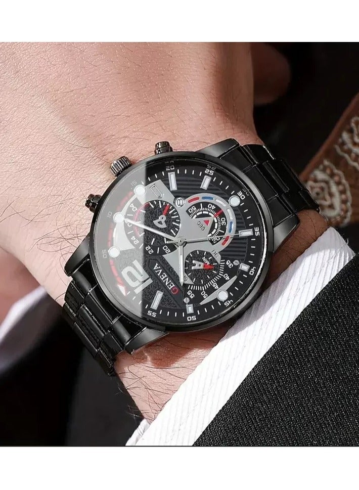 جنيفا ساعة كرونوغراف تناظرية معدنية للرجال أسود - Image 2