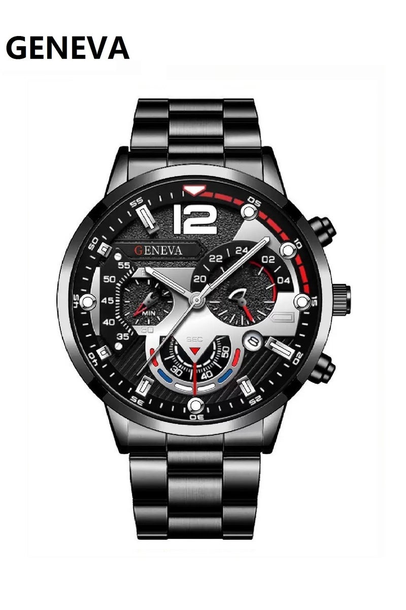 جنيفا ساعة كرونوغراف تناظرية معدنية للرجال أسود - Image 1