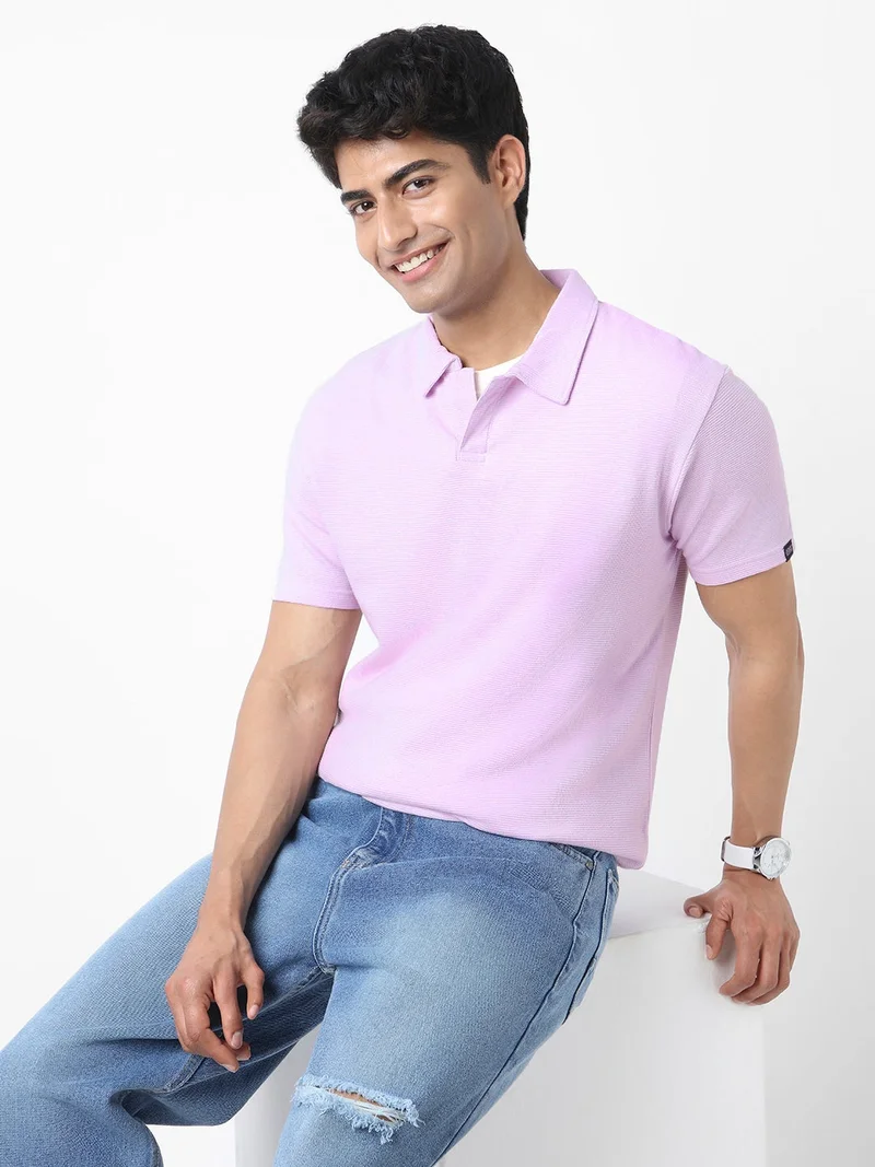 Urbano Fashion  Urbano Fashion Men's Lilac Textured Regular Fit Half Sleeve Cotton Polo T-Shirt  | Best Price UAE