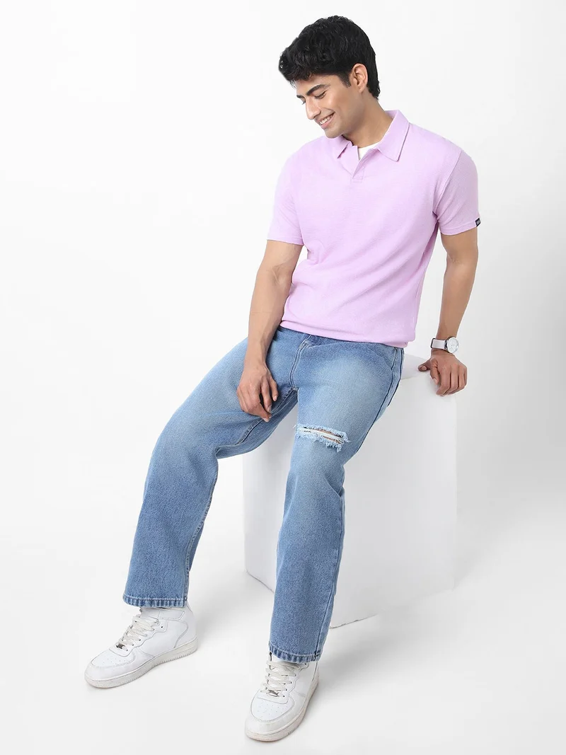 Urbano Fashion  Urbano Fashion Men's Lilac Textured Regular Fit Half Sleeve Cotton Polo T-Shirt  | Best Price UAE