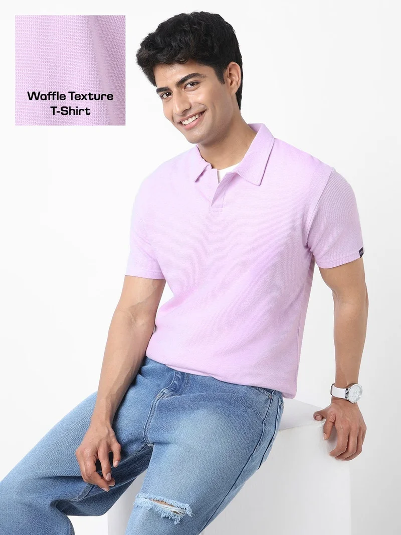 Urbano Fashion  Urbano Fashion Men's Lilac Textured Regular Fit Half Sleeve Cotton Polo T-Shirt  | Best Price UAE