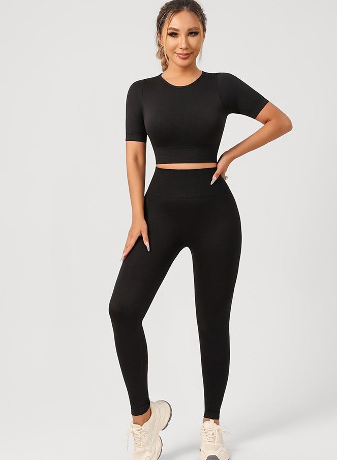 4 Piece Workout Sets for Women Butt Lifting Leggings with High Impact Sports Bra Gym Shorts  Sports Short Sleeve - Image 2