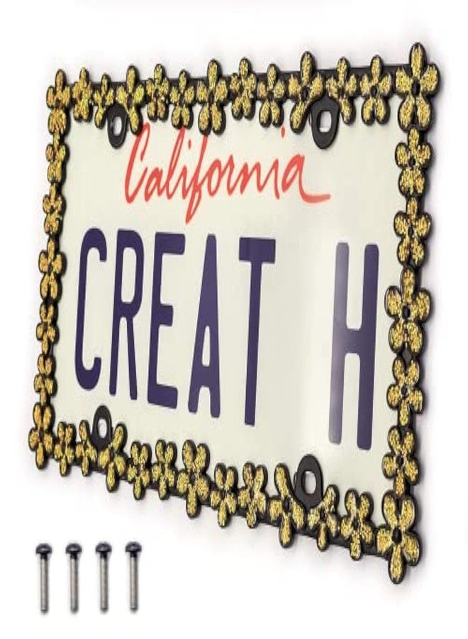Creathome 3D Shining Daisy Wrenth License Plate Frame from Pure Zinc Alloy Metal Perfect Plate Holder ,Matt Black with Gold Glitter - Image 1