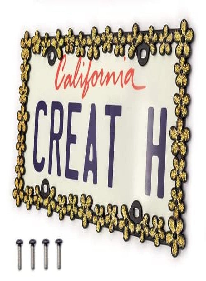 Creathome 3D Shining Daisy Wrenth License Plate Frame from Pure Zinc Alloy Metal Perfect Plate Holder ,Matt Black with Gold Glitter - Image 2