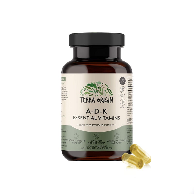 TERRA ORIGIN ADK Essential Vitamin Supplement 60 Liquid Capsules High Potency Vitamin A D 5000 IU K1 and K2 Non GMO Gluten Free Vegan Made in USA