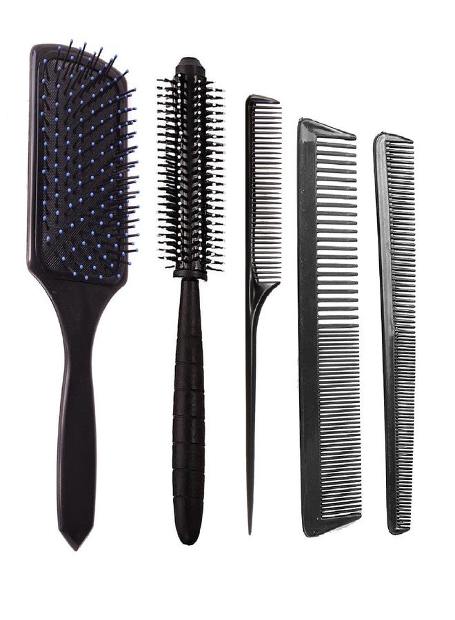 E-DUNIA® 5 PCS Of Hair Stylists Professional Best Combo of Black Paddle Hair Brush with Soft Nylon Bristles[1]+Rat Tail comb[1]+Round Comb[1]+Simple Normal Brush[1]+Dressing Comb[1] for women and men - Image 1