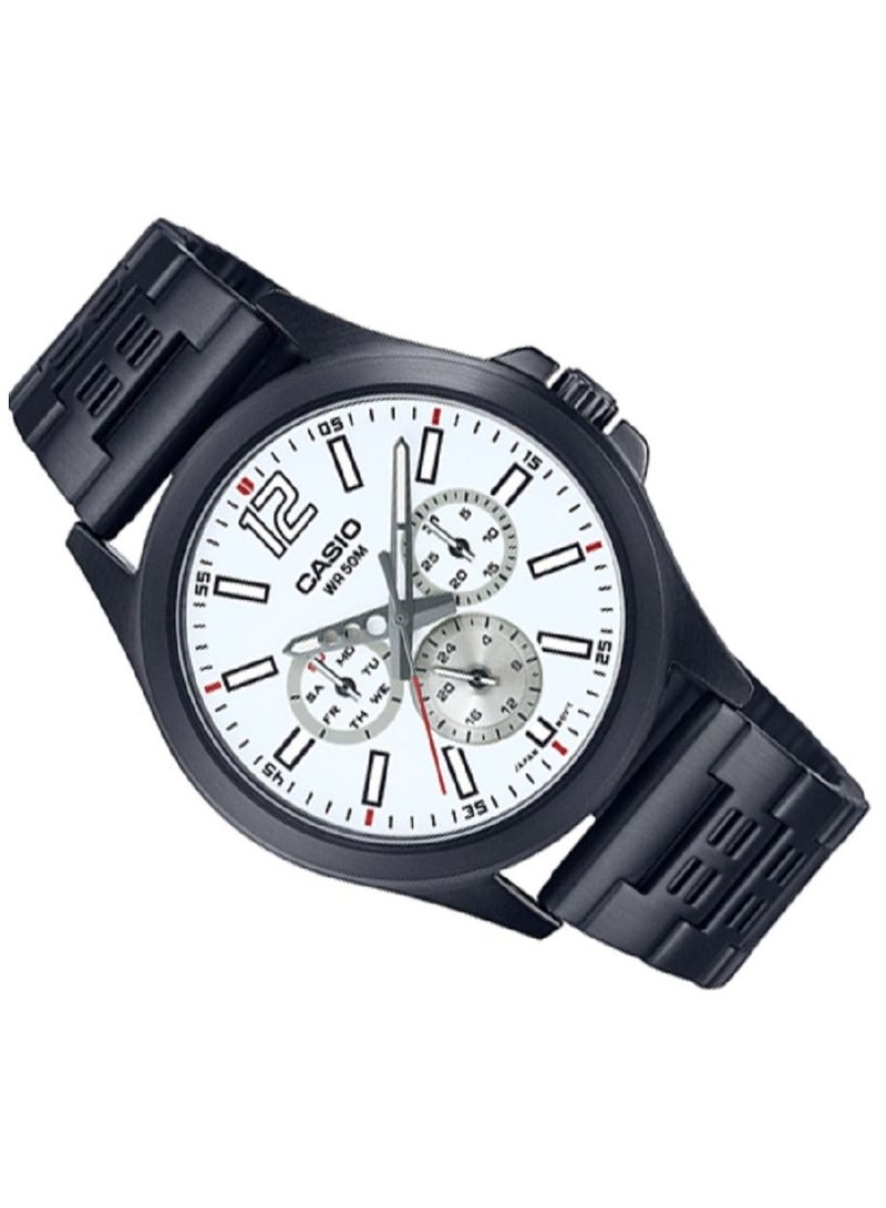 Casio Men Watch Analog Multi Hand White Dial Stainless Steel Black Ion Plated Band and Case MTP-E350B-7BVDF - Image 3